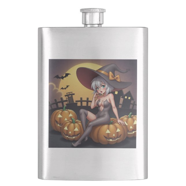 Flasque Sorcière d'Halloween sur des citrouilles de Jack-O (devant)