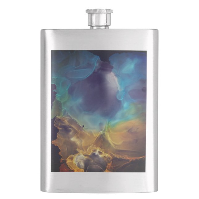 Flasque Space Nebula bleu jaune Alcool art (devant)