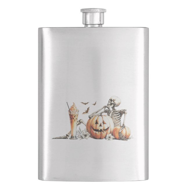 Flasque Squelette avec citrouille et boire. Halloween. (devant)