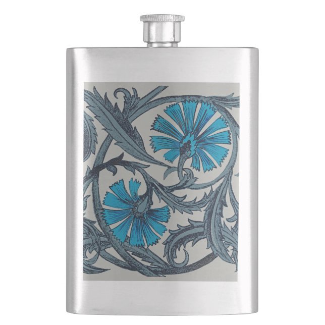 Flasque vintage bleu antique fleurs artisanat rustique (devant)