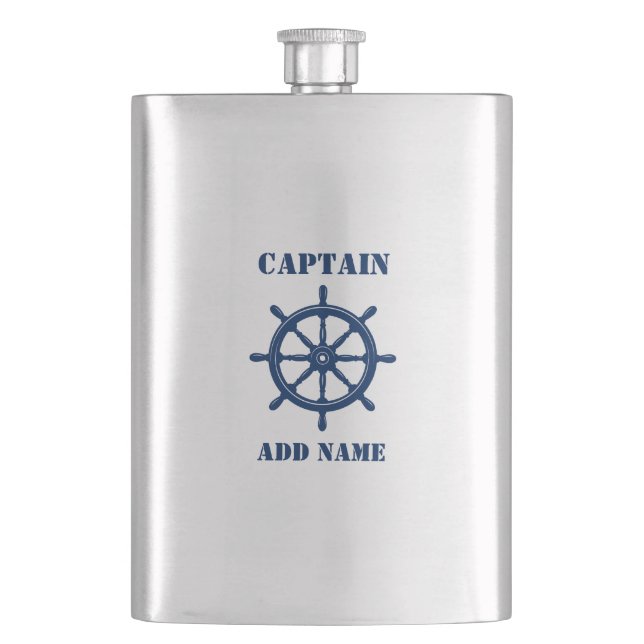 Flasque Votre nom Capitaine Flask Ships Wheel Helm Navy (devant)