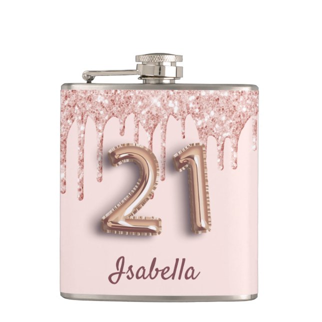 Flasques 21e anniversaire rose or gouttes d'or amis (Devant)
