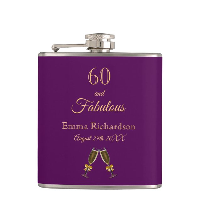 Flasques 60 fabulous birthday purple gold monogram script (Devant)