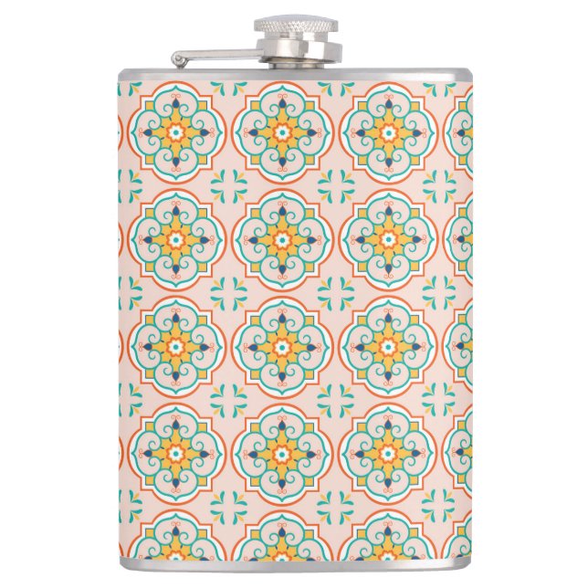 Flasques A metal flask with a colorful, symmetrical pattern (Devant)