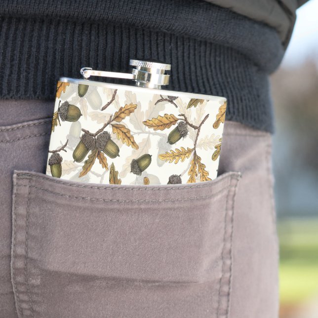Flasques Acornes et feuilles de chêne sur blanc (En situation)