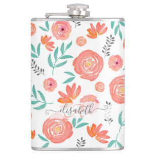Flasques Ajouter le nom + le motif floral d'aquarelle de co