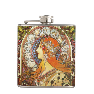Flasques Alphonse Mucha La Plume Zodiac Art Nouveau Vintage
