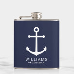 Flasques Ancre Bleue marine Nautique Groomsmen personnalisé<br><div class="desc">Moderne minimaliste marine Ancre bleue Groomsmen Flask personnalisé avec ancre blanche et nom de toiletteur personnalisé avec titre en blanc moderne sans serif style police sur arrière - plan bleu marine. Aussi parfait pour le meilleur homme,  père de la mariée et plus.</div>