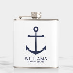 Flasques Ancre Bleue marine Nautique Groomsmen personnalisé<br><div class="desc">Moderne minimaliste Ancre bleu marine Flacon Groomsmen personnalisé avec ancre bleu marine et nom de toiletteur personnalisé avec titre en bleu marine moderne sans serif style police sur arrière - plan blanc. Aussi parfait pour le meilleur homme,  père de la mariée et plus.</div>