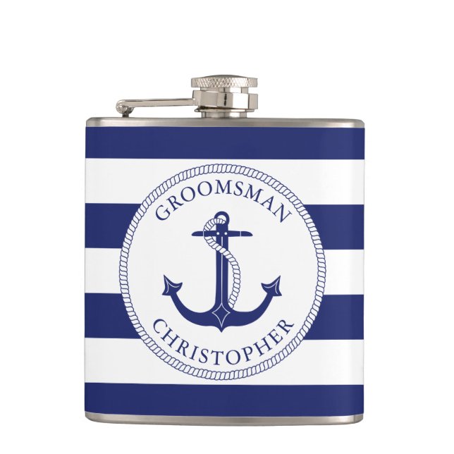 Flasques Ancre nautique Marine Bleu Stripe Groomsman (Devant)
