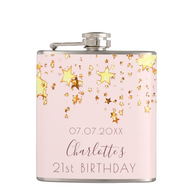 Flasques Anniversaire rose or blush étoiles nom (Devant)