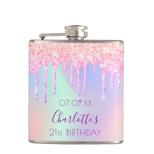 Flasques Anniversaire rose parties scintillant gouttes nom