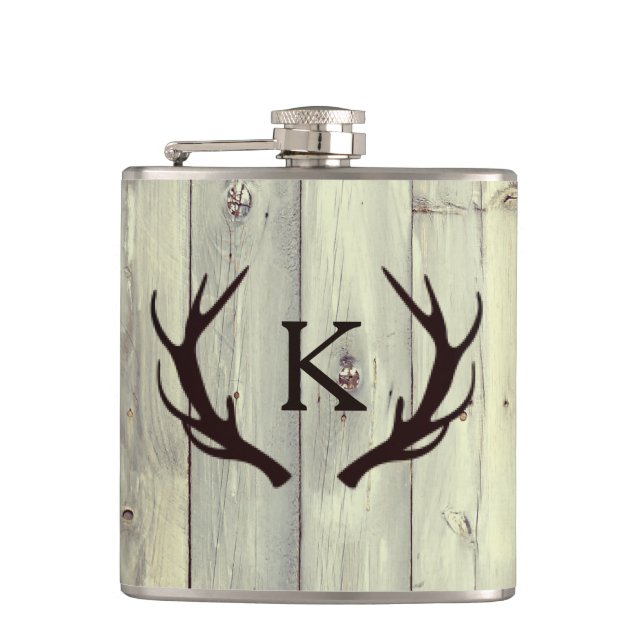 Flasques Antler de cerf rustique avec Monogram Pale Barn Wo (Devant)