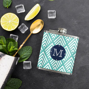 Flasques Aqua moderne et marine Chevron Diamond Monogramme