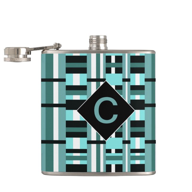 Flasques Aqua monogramme et Plaid noir (Ouvert)