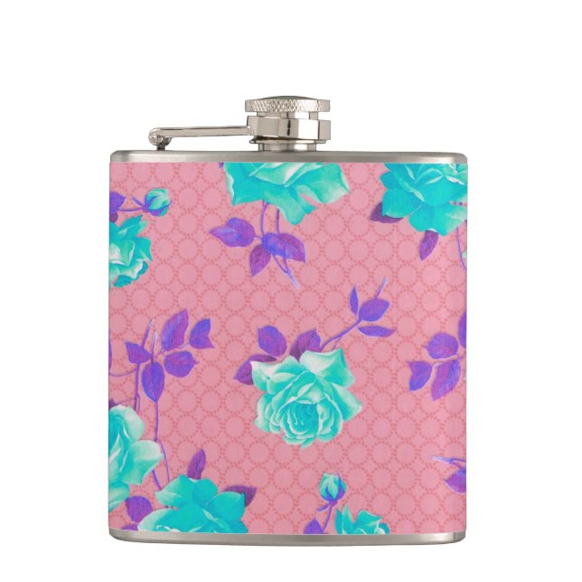 Flasques Aqua Turquoise et rose Floral Print (Devant)