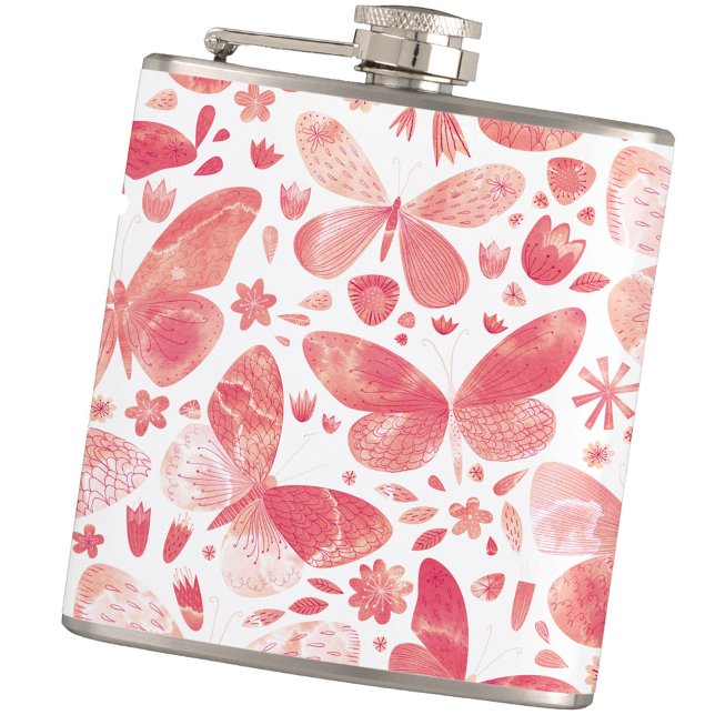 Flasques Aquarelle papillon rose (Peach coral pink and white watercolor butterfly pattern hip flask)