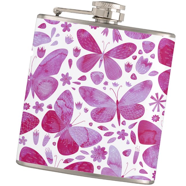 Flasques Aquarelle papillon rose (Magenta hot pink and white watercolor butterfly art hip flask)