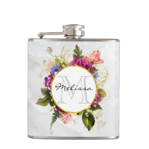 Flasques Aquarelle rose moderne Bouquet floral Monogramme