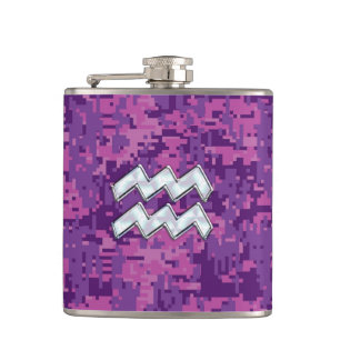 Flasques Aquarius Zodiac Sign on fuchsia digital camouflage