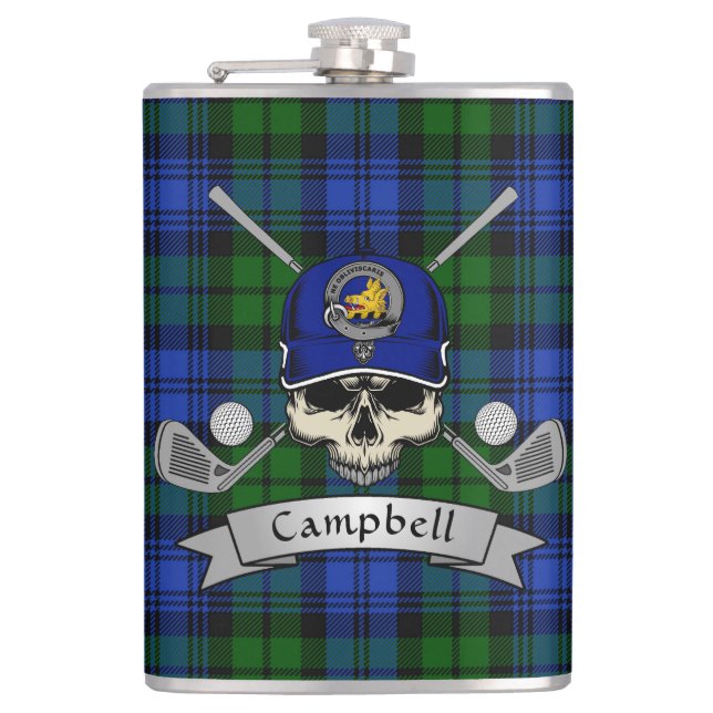 Flasques Badge Campbell & Tartan Personnalisé Skull Golf (Devant)