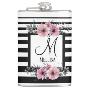 Flasques Bandes noires et blanches Monogramme floral rose