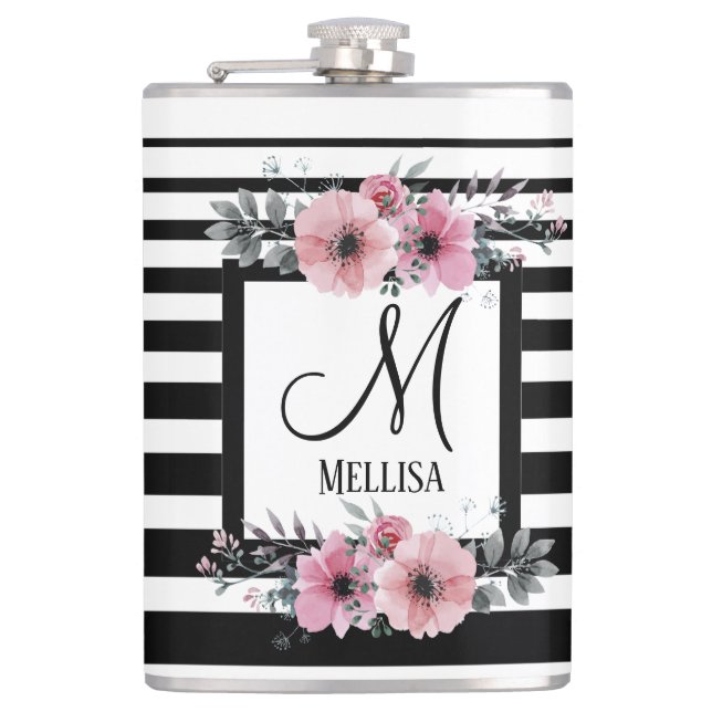 Flasques Bandes noires et blanches Monogramme floral rose (Devant)