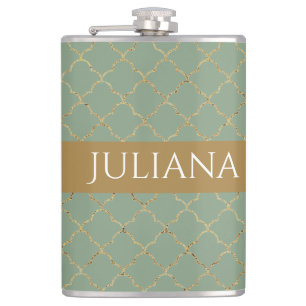Flasques Basil Green Gold Quatrefoil Personnalisé