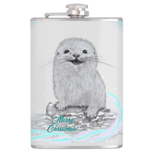 Flasques Bébé loutre de mer blanche mignonne, Joyeux Noël