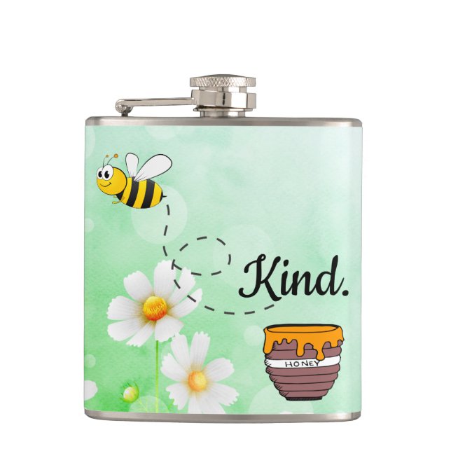 Flasques Bee Kind Honey floral vert insecte dessin animé te (Devant)