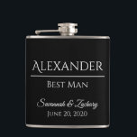 Flasques Best Man Liquor Flask Wedding Favor Cadeau<br><div class="desc">Cette fiole est la façon parfaite de remercier vos groomsmen, les membres de la fête de mariage ou d'autres invités spéciaux. Le texte est entièrement personnalisable avec un endroit pour entrer le nom du marié, le titre (Groomsman, Best Man, Père de la Mariée, etc.) le nom du couple mariage, et...</div>