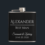 Flasques Best Man Liquor Flask Wedding Favor Cadeau<br><div class="desc">Cette fiole est la façon parfaite de remercier vos groomsmen, les membres de la fête de mariage ou d'autres invités spéciaux. Le texte est entièrement personnalisable avec un endroit pour entrer le nom du marié, le titre (Groomsman, Best Man, Père de la Mariée, etc.) le nom du couple mariage, et...</div>