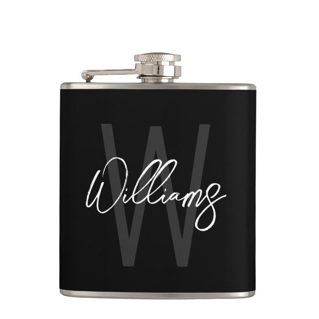 Flasques Black Modern Script Personnalisé Monogramme et nom (Devant)