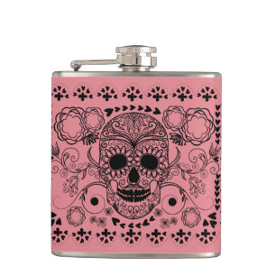 Flasques Black Retro Floral Sugar Skull Green Accents