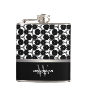 Flasques Black White Hexagon Motif Groomsmen Hip Flask