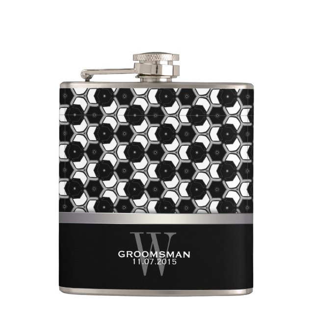 Flasques Black White Hexagon Motif Groomsmen Hip Flask (Devant)