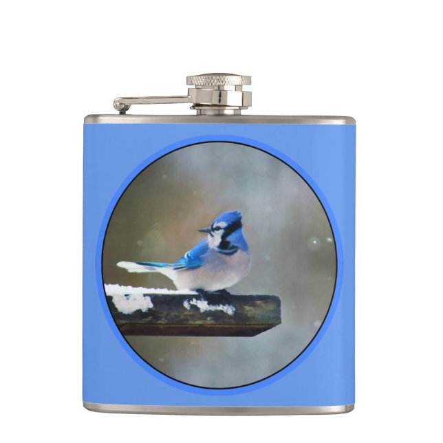 Flasques Bleu Jay Painting - Art original pour les oiseaux (Devant)