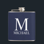 Flasques Bleu marine Monogramme et nom personnalisés<br><div class="desc">Cadeau Monogramme et nom personnalisés présente un monogramme et un nom personnalisés en police blanche classique de style serif sur fond bleu marine. Parfait comme cadeau de vacances, cadeau de fête des pères, faveurs de réunion de famille, cadeau de remerciement pour les garçons d'honneur et cadeau pour toutes les occasions...</div>