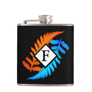 Flasques Bleu orange japonais peint fougères Monogramme