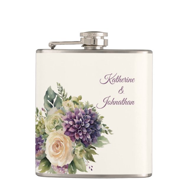 Flasques Bouquet de fleurs violettes d'aquarelle Mariage (Devant)