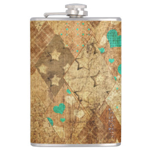Flasques Brown Grunge Quilt Stars Coeurs