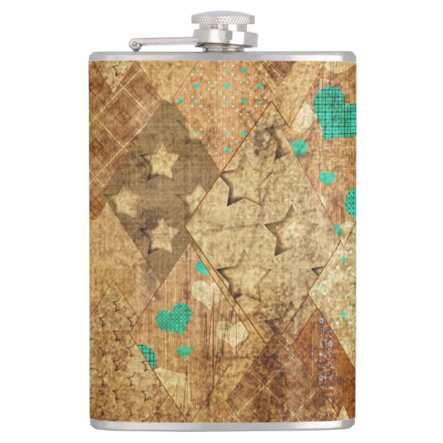 Flasques Brown Grunge Quilt Stars Coeurs (Devant)