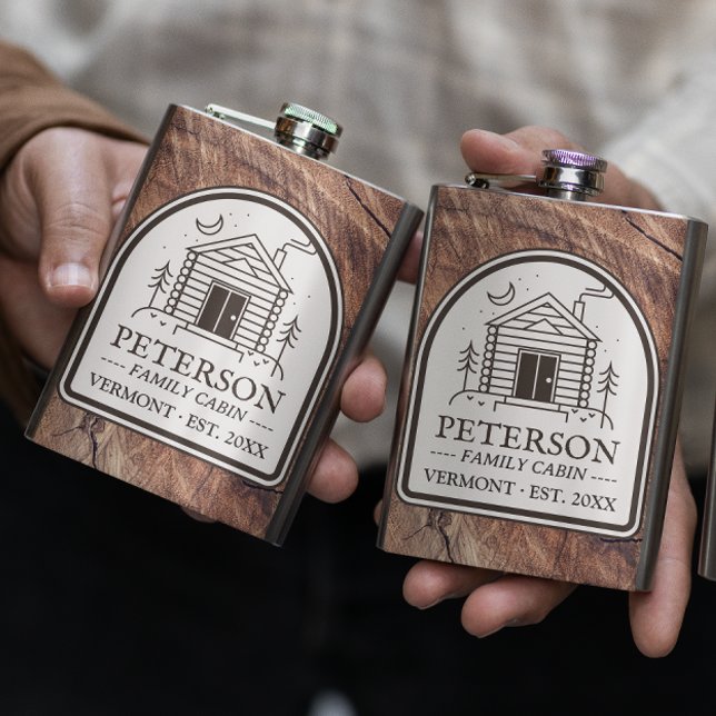 Flasques Cabine familial Bois rustique Décor personnalisé (Family Cabin Personalized Custom Flask Gift for Dad Rustic Wood )