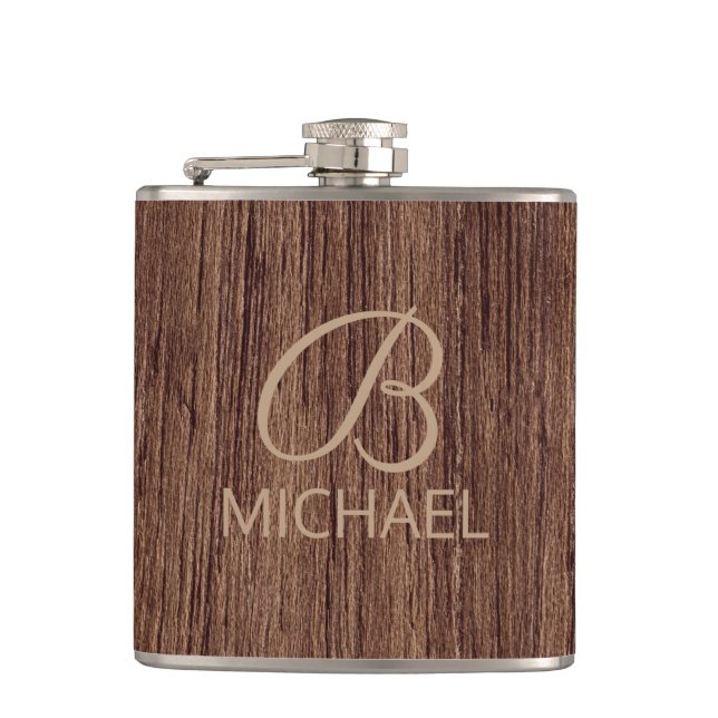 Flasques Cadeau de monogramme à grain de bois rustique pour (Devant)