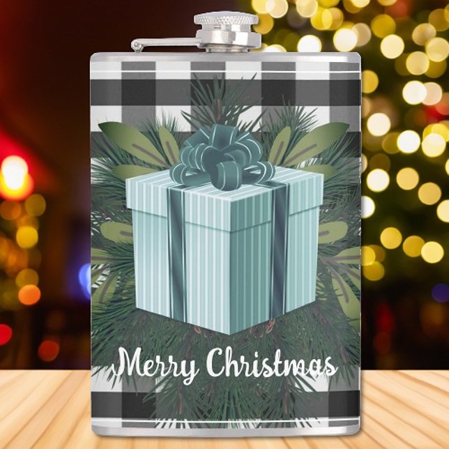 Flasques Cadeau de Noël Plaid Buffalo | TURQUOISE (Teal Buffalo Plaid Christmas Gift Flask)