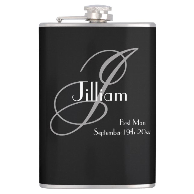 Flasques Cadeau de témoin écriture noir blanc monogramme él (Devant)