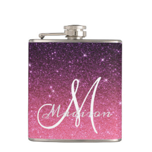 Flasques Cadeau Paillettes Rose Violet Ombre Monogramme