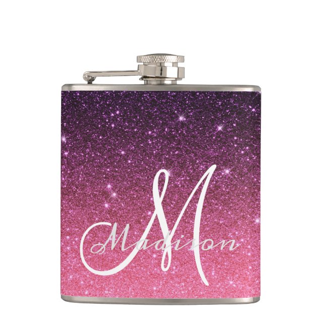 Flasques Cadeau Paillettes Rose Violet Ombré Monogramme (Devant)