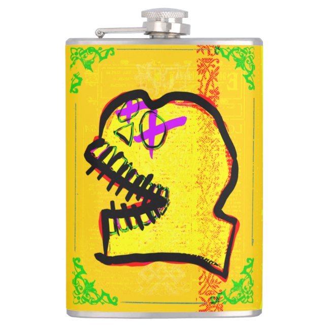 Flasques Calavera Crâne Geek NFT Art Jaune Noir Violet (Devant)