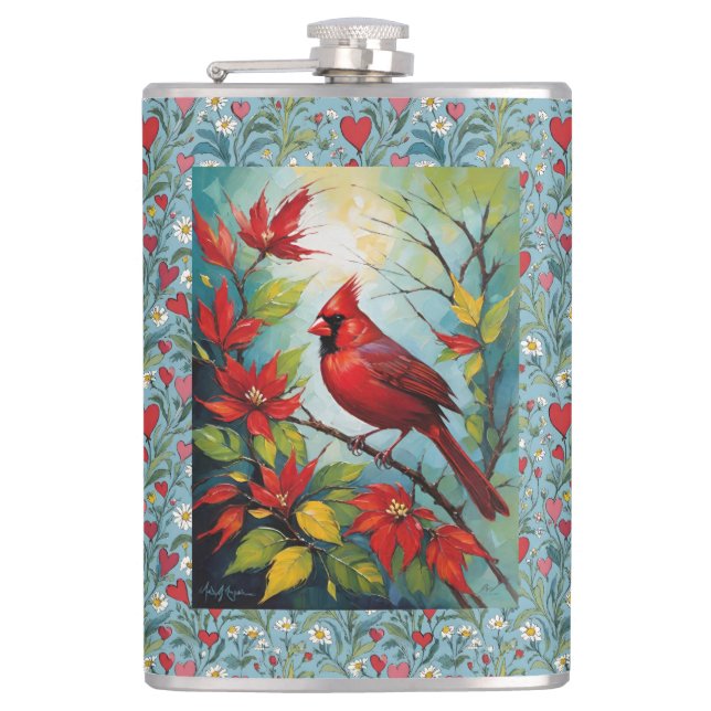 Flasques Cardinal rouge avec des marguerites et des cœurs r (Devant)